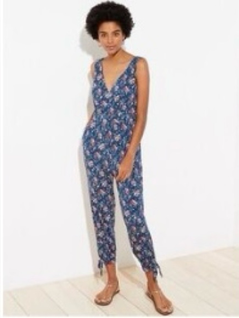 NWT - LOFT Floral V-Neck blue Jumpsuit with Tie Ankles